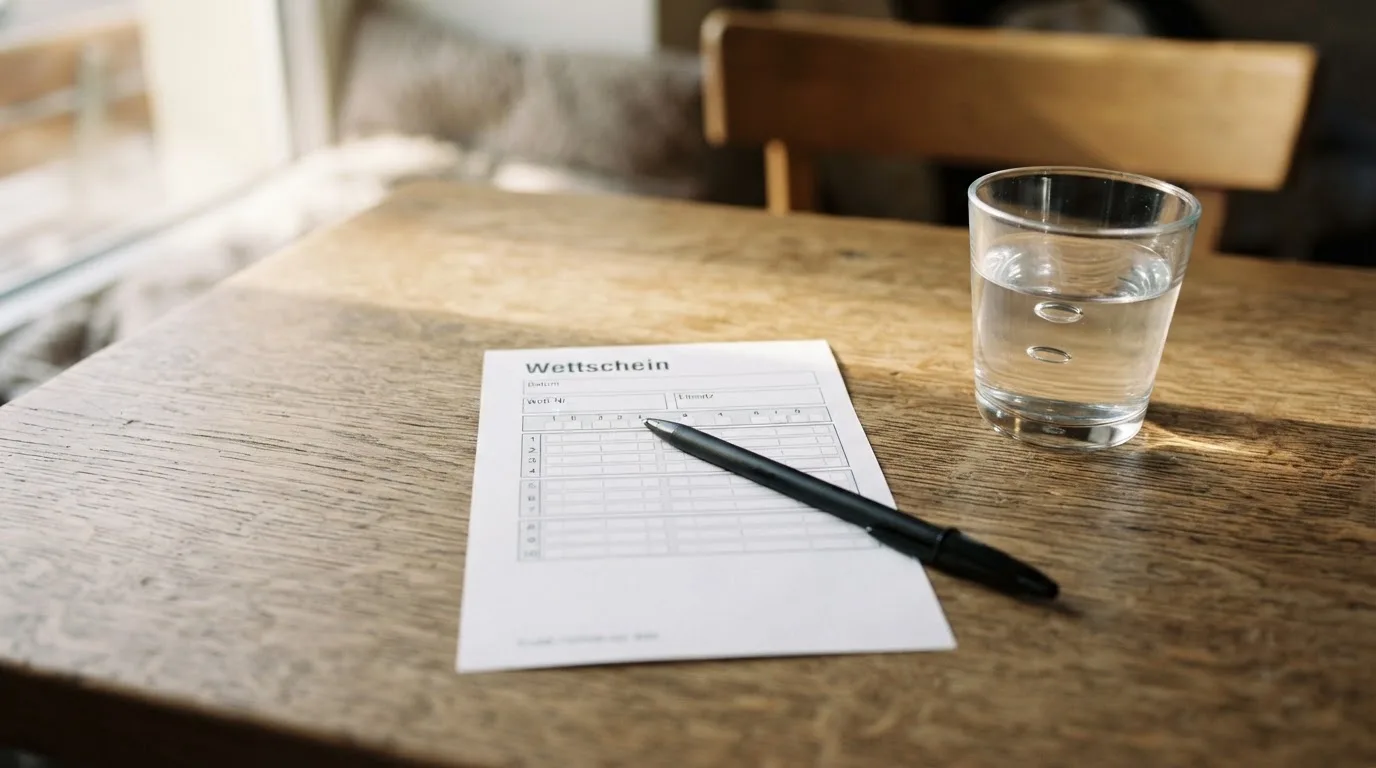Ein leerer Wettschein aus Papier liegt neben einem Stift auf einem Tisch, daneben ein Glas Wasser.