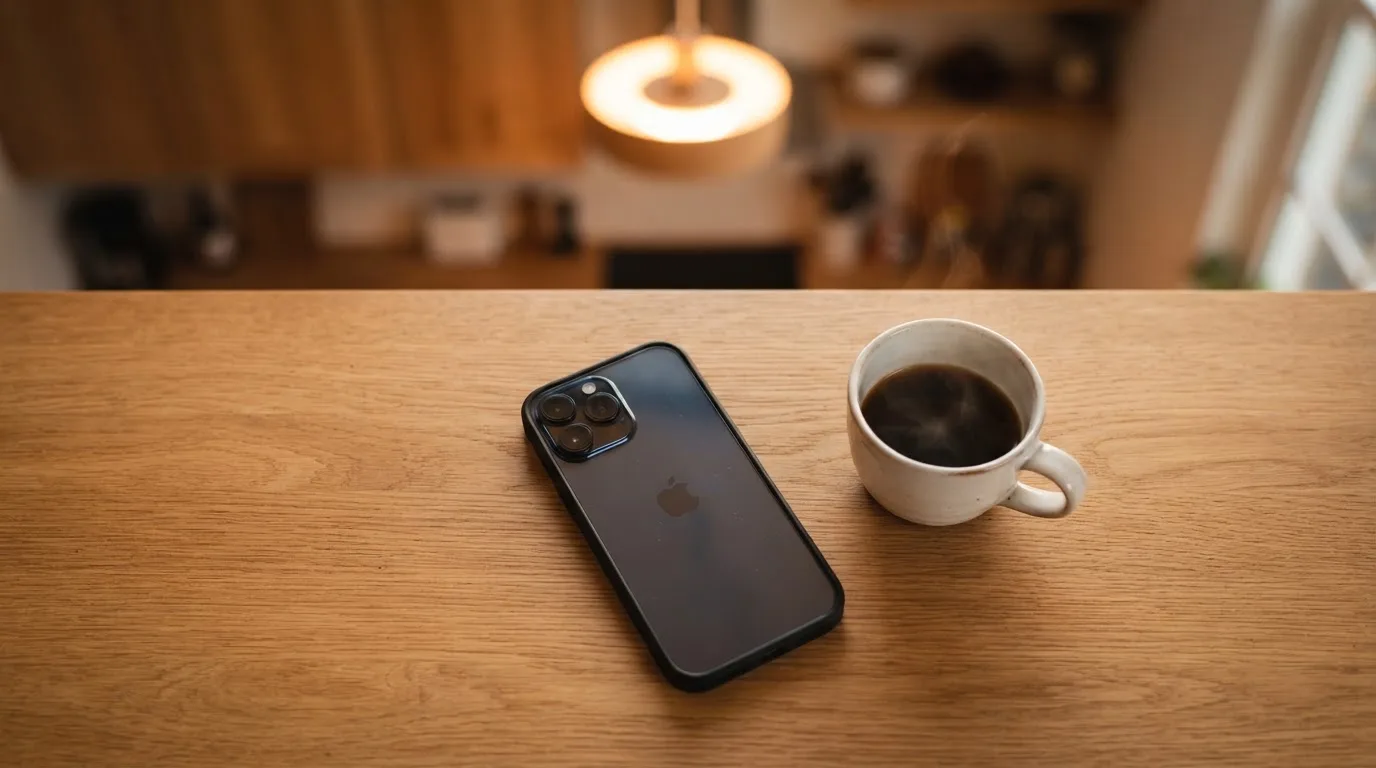 Ein Smartphone liegt mit dem Display nach unten auf einem Küchentisch neben einer Kaffeetasse am frühen Abend.