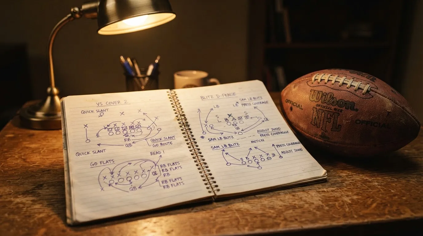 Ein Notizbuch mit handgezeichneten Spielzügen aus Pfeilen und Kreisen liegt neben einem Football auf einem Tisch.