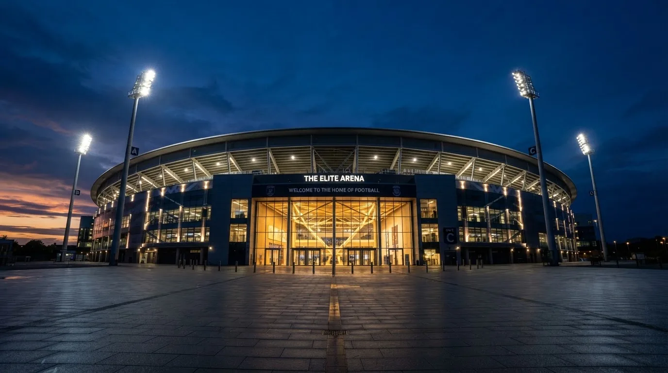 Ein Stadion von außen in der Dämmerung, die Flutlichtmasten leuchten, auf dem Vorplatz steht niemand.