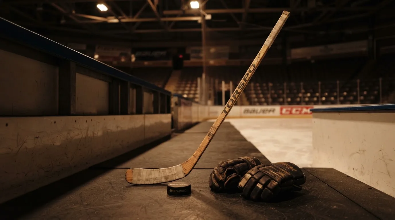 Ein Eishockeyschläger lehnt an einer Bande, daneben liegen ein Puck und ein Paar Handschuhe in einer Eishalle.