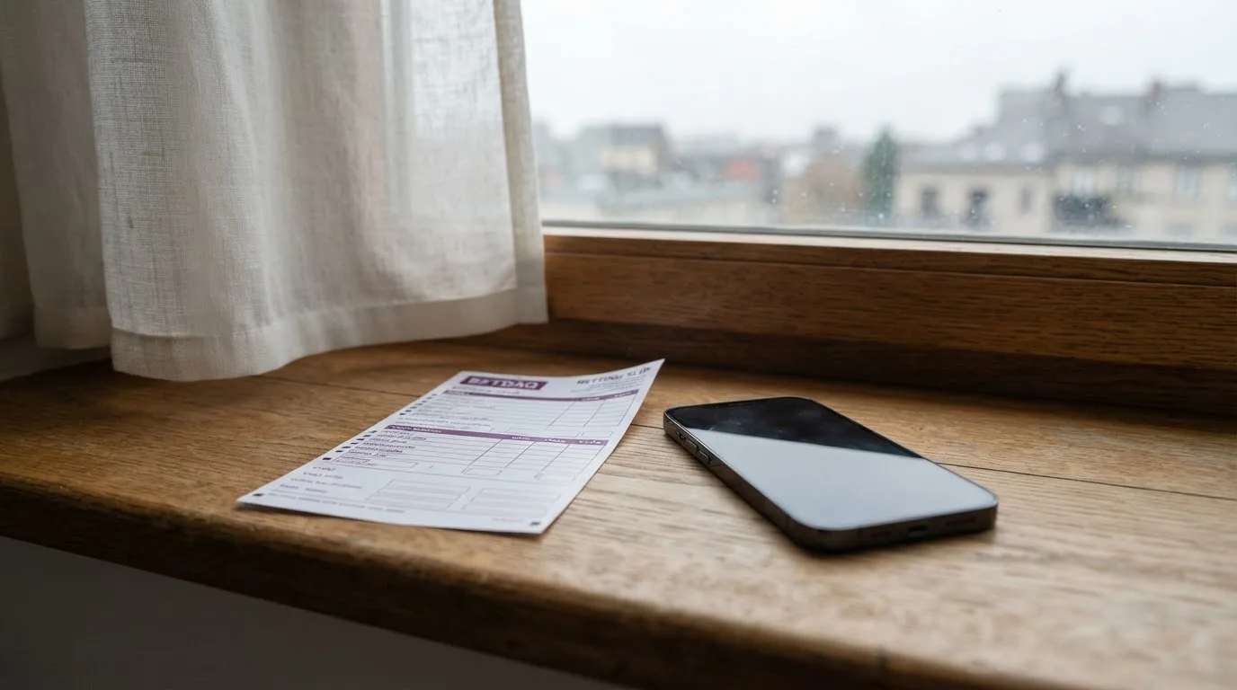 Ein leerer Wettschein aus Papier und ein Smartphone mit dunklem Display liegen auf einer Fensterbank im Tageslicht.