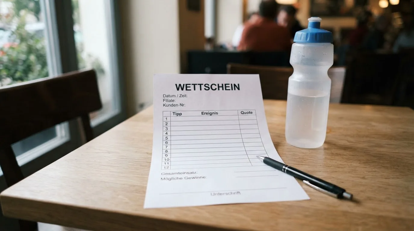 Ein leerer Wettschein aus Papier liegt neben einer Trinkflasche und einem Stift auf einem Tisch.