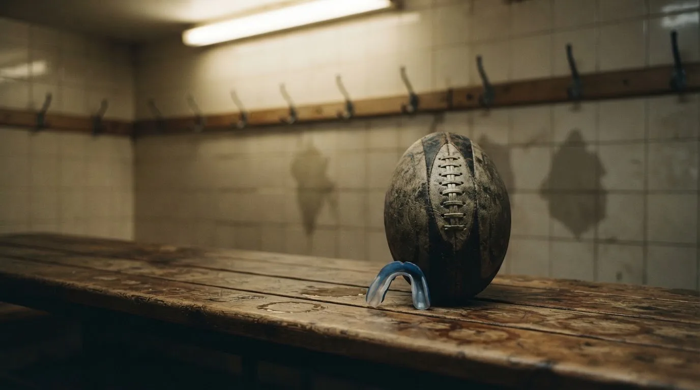 Ein Rugbyball und ein Mundschutz liegen auf einer Holzbank neben einer Reihe Kleiderhaken in einer Umkleide.