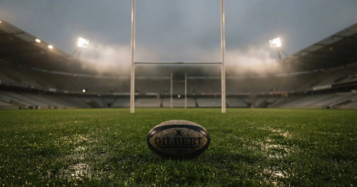 Ein ovaler Rugbyball liegt vor den hohen Torstangen auf nassem Rasen, über dem Stadion zieht Nebel auf.