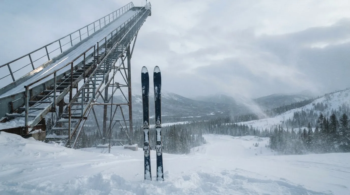 Ein Paar Skier steckt aufrecht im Schnee neben einem Anlaufturm, im Hintergrund wirbelt feiner Schnee im Wind.