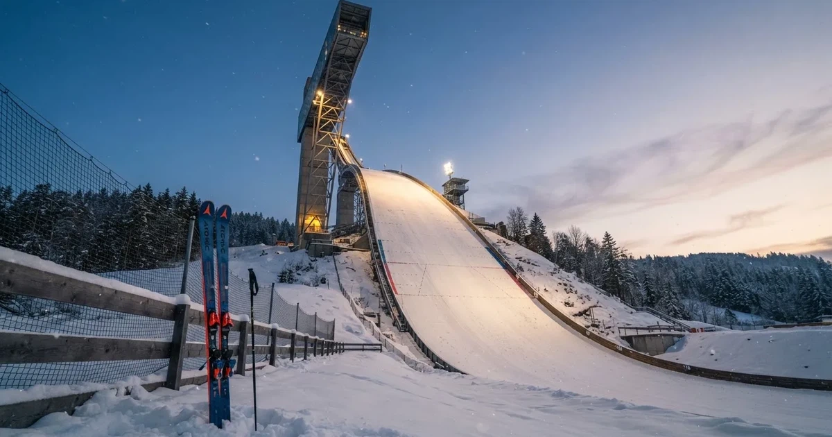 Eine Skisprungschanze im Schnee, von unten gesehen, vor einem klaren Winterhimmel in der Dämmerung, ohne Menschen.