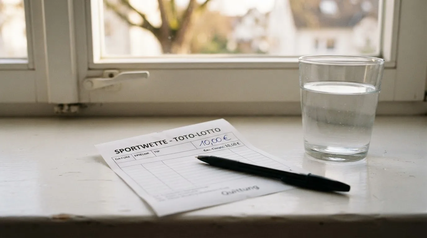 Ein leerer Wettschein aus Papier und ein Kugelschreiber liegen neben einem Glas Wasser auf einer Fensterbank.