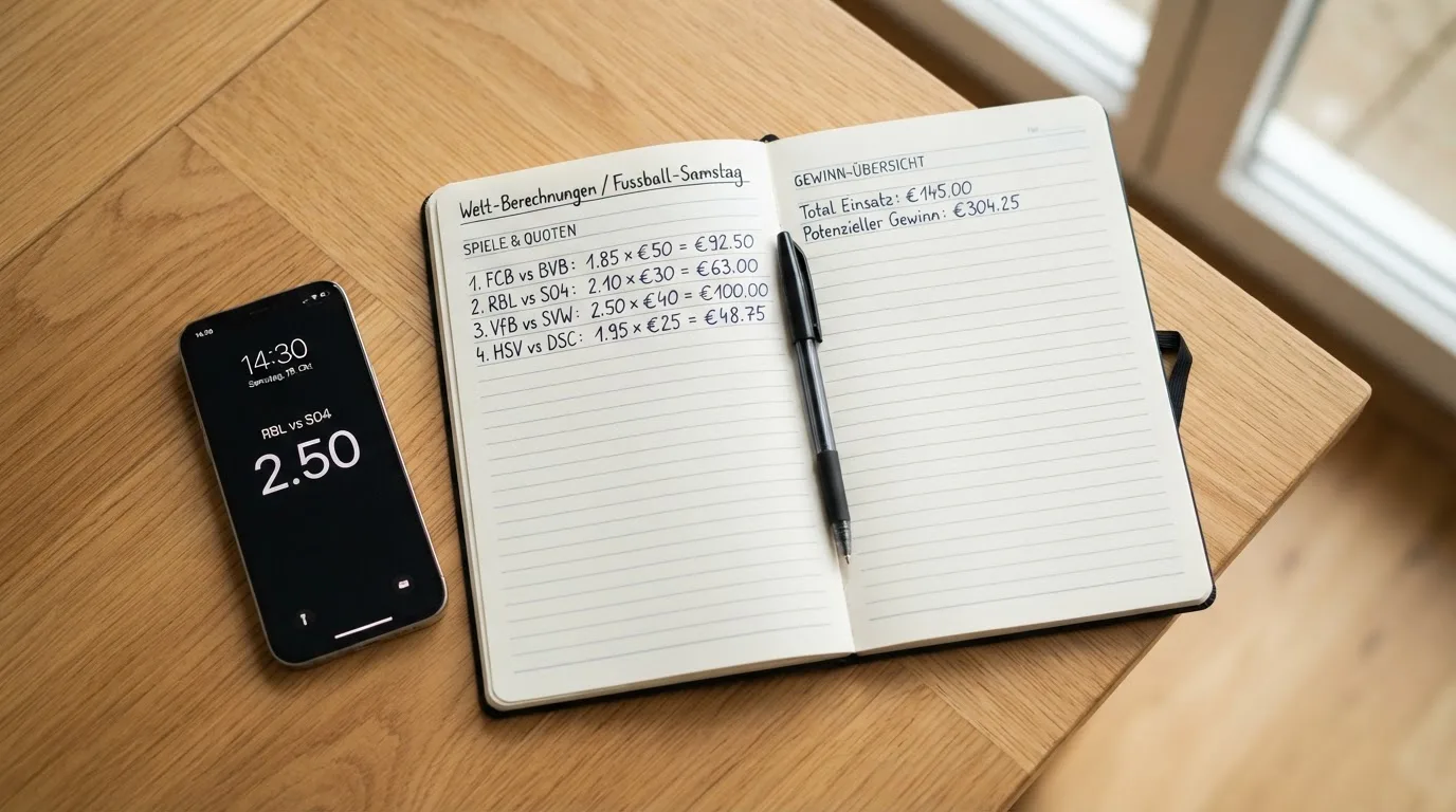 Ein aufgeschlagenes Notizbuch mit handschriftlichen Rechnungen liegt neben Stift und Smartphone auf einem Holztisch im Tageslicht.
