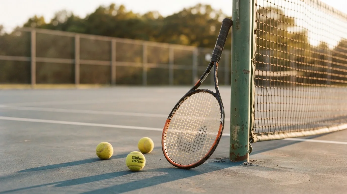 Ein Tennisschläger lehnt an einem Netzpfosten, daneben liegen drei Bälle auf einem Hartplatz in warmem Nachmittagslicht.