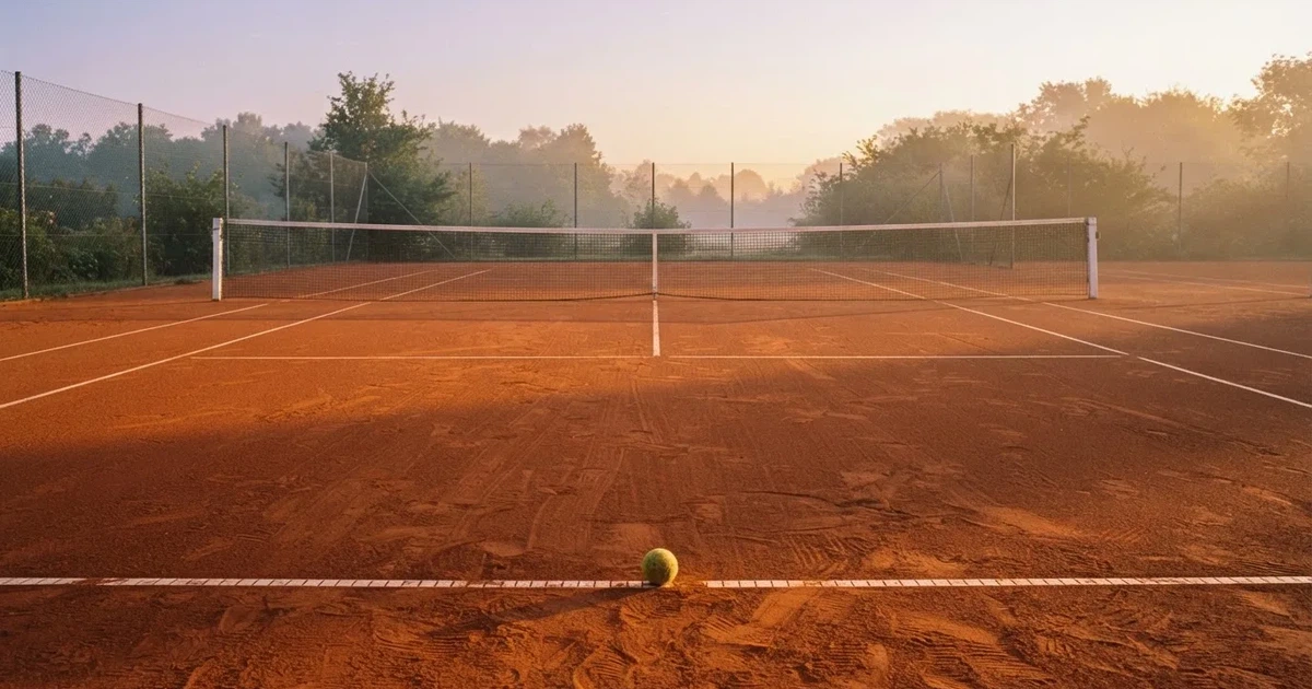 Ein Sandplatz am frühen Morgen mit frisch gezogenen Linien, einem Netz in der Mitte und einem gelben Ball auf der Grundlinie.