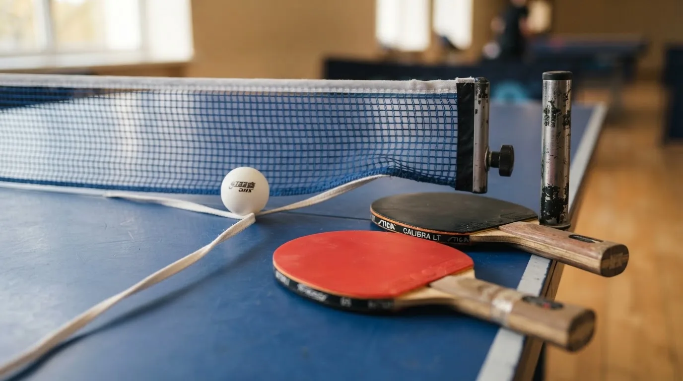 Ein weißer Ball liegt in Nahaufnahme auf der Netzkante einer Tischtennisplatte, daneben zwei Holzschläger mit rotem und schwarzem Belag.