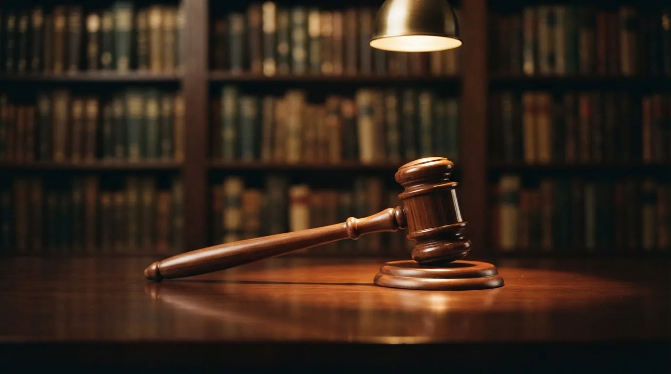 Ein Richterhammer aus Holz liegt auf einer polierten Tischplatte, dahinter eine unscharfe Bücherwand.