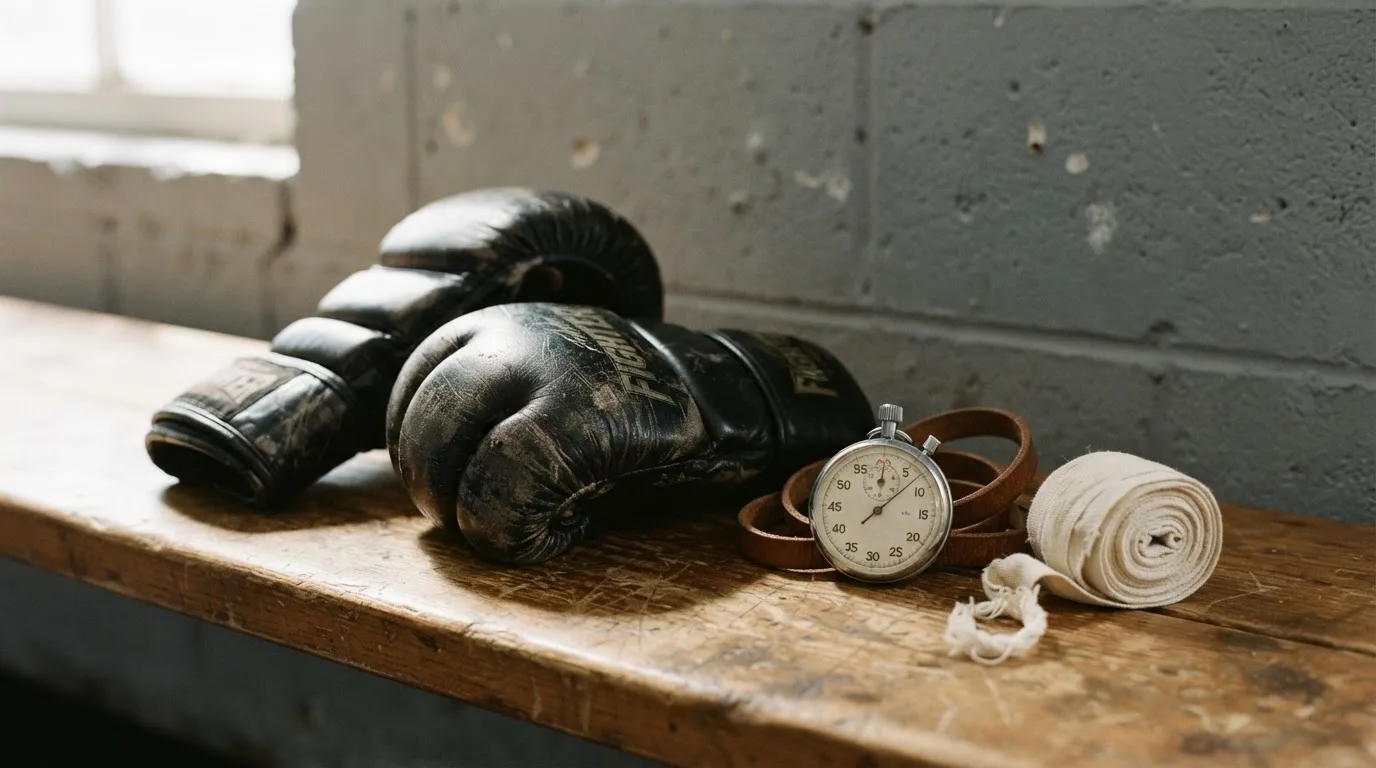 Ein Paar Kampfhandschuhe und eine Stoppuhr liegen auf einer Bank im Trainingsraum neben einer aufgerollten Handbandage.