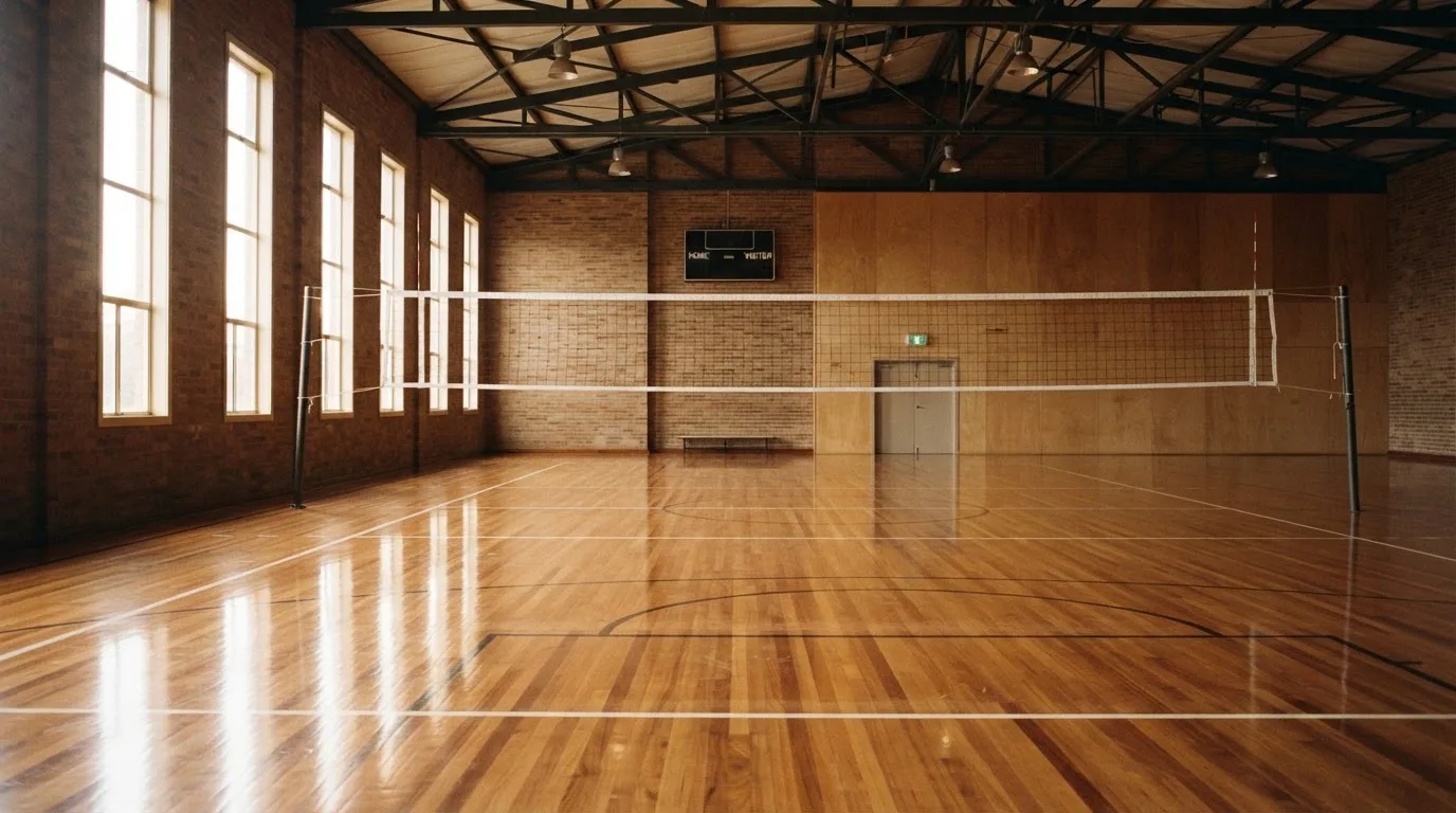 Eine leere Sporthalle mit gespanntem Volleyballnetz und glänzendem Parkett, durch hohe Fenster fällt Tageslicht.