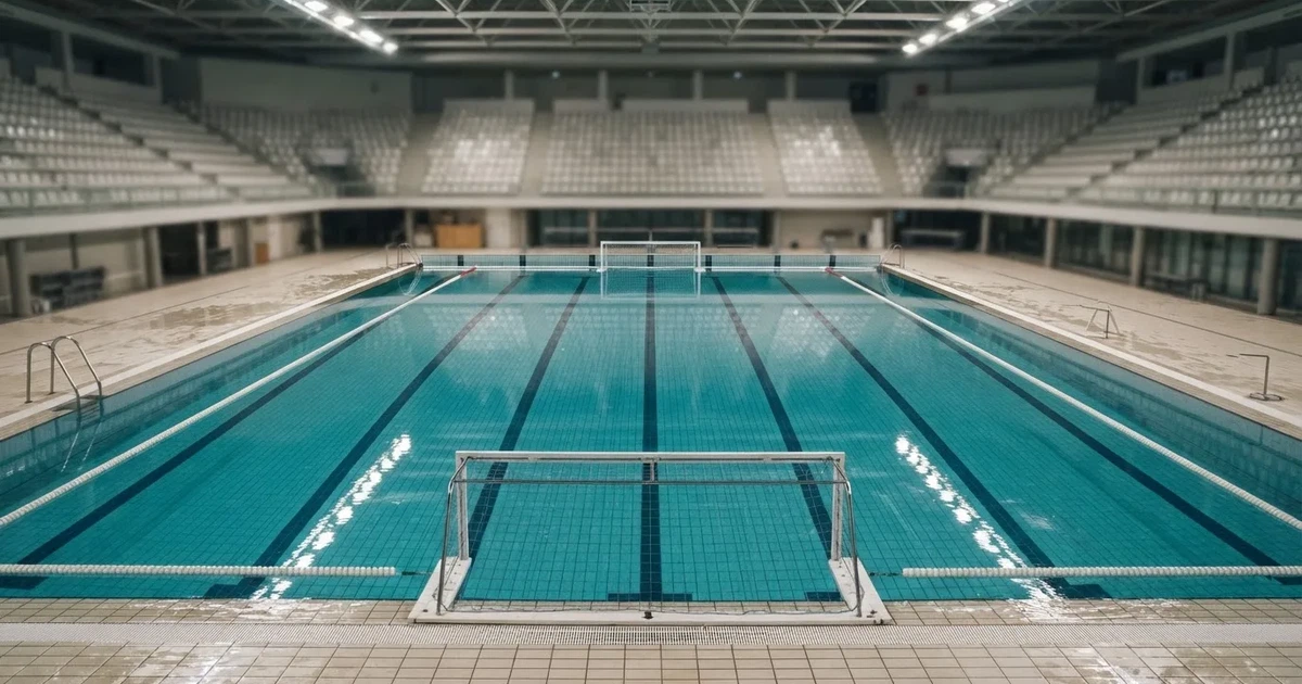 Ein Schwimmbecken mit türkisfarbenem Wasser und zwei schwimmenden Torrahmen am gegenüberliegenden Beckenrand, menschenleer unter Hallenlicht.