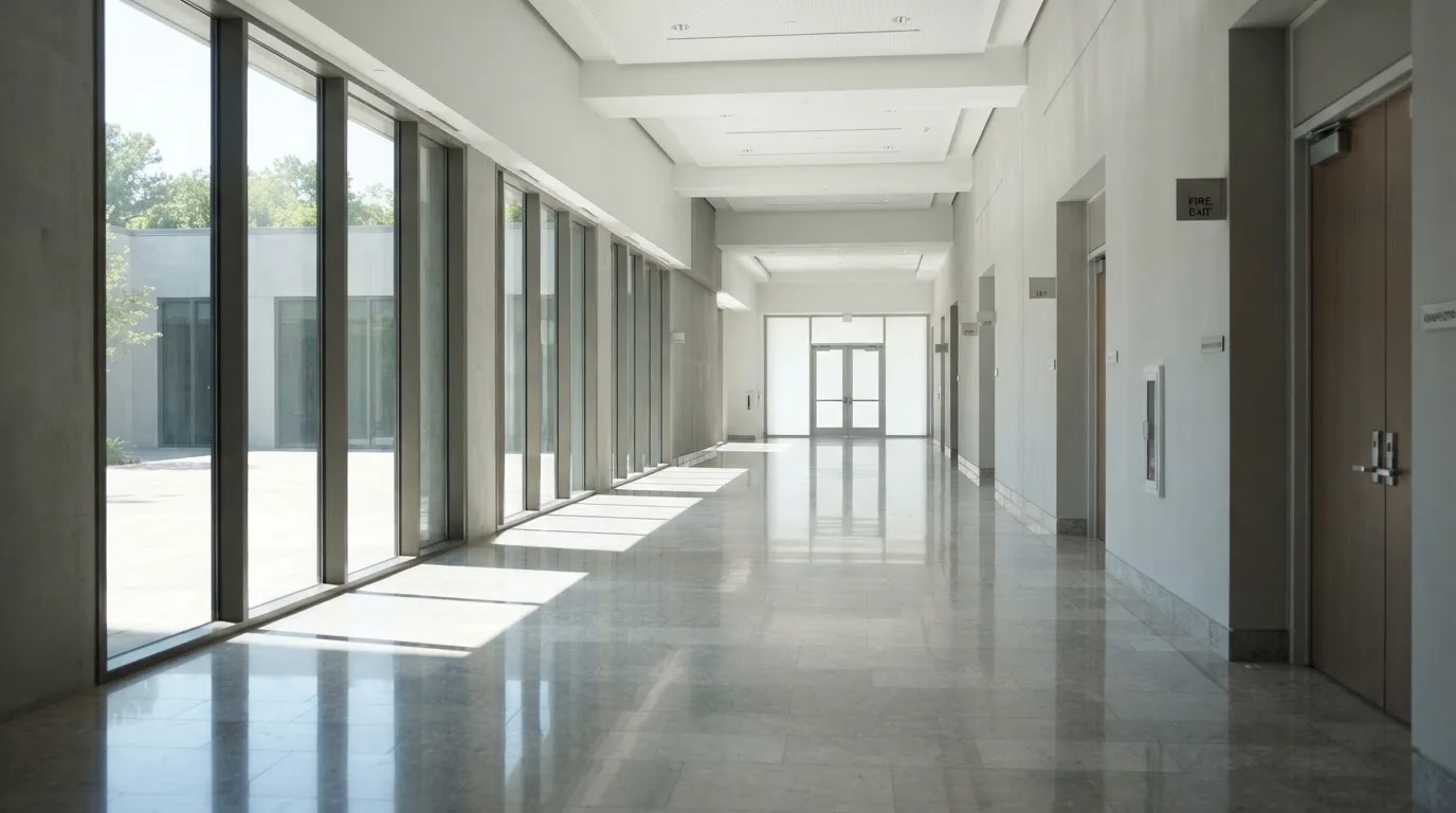 Ein leerer Amtsflur mit hohen Fenstern und glänzendem Steinboden, durch die Fenster fällt das Licht eines Vormittags.