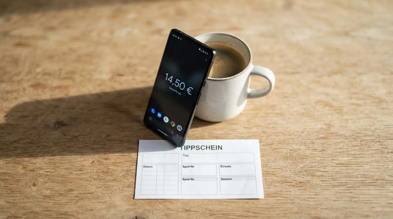 Ein Smartphone mit dunklem Bildschirm lehnt an einer Kaffeetasse auf einem Holztisch, daneben ein blanker Papier-Wettschein.
