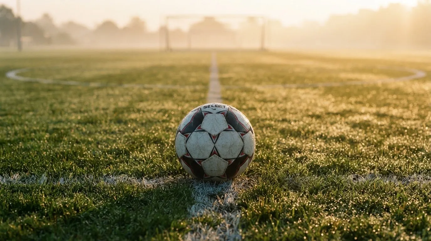 Ein Fußball liegt auf dem Anstoßpunkt eines Rasenplatzes im ersten Morgenlicht, Tau glänzt auf dem Gras.