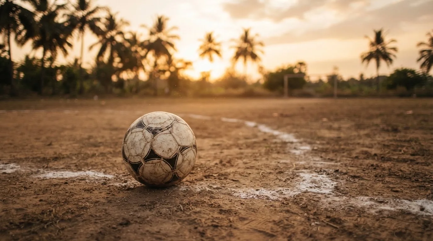 Ein Fußball liegt auf einem staubigen Bolzplatz mit Palmen im Hintergrund in warmem Abendlicht.