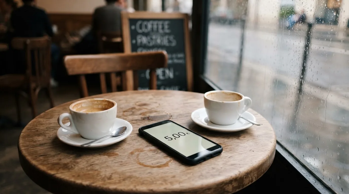 Zwei Kaffeetassen und ein dunkles Smartphone stehen auf einem Café-Tisch am Fenster im Morgenlicht.