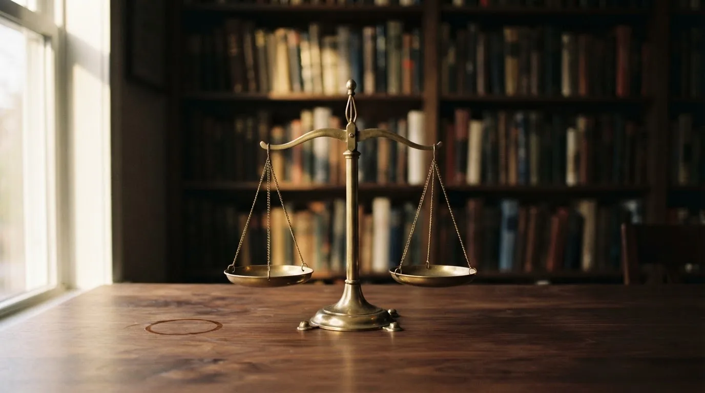 Eine Messingwaage steht auf einem dunklen Holztisch, dahinter eine unscharfe Regalwand mit geschlossenen Büchern.