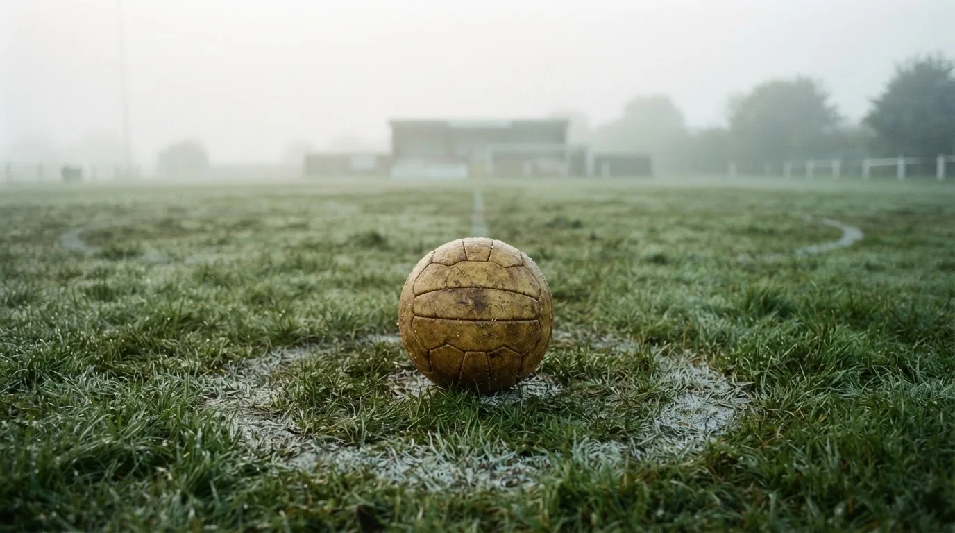 Ein abgewetzter Fußball liegt auf dem Anstoßkreis eines Naturrasens im Morgennebel.