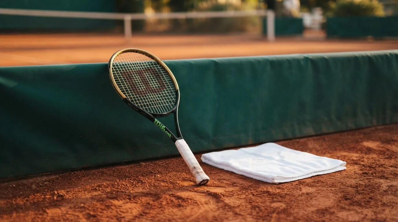 Ein Tennisschläger lehnt an einer dunkelgrünen Bande ohne Aufschrift auf einem Sandplatz, daneben liegt ein Handtuch.