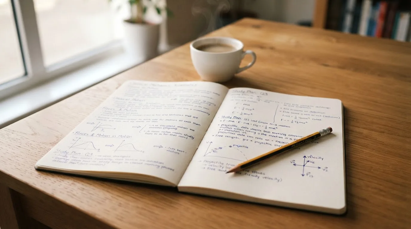 Ein aufgeschlagenes Notizbuch mit handschriftlichen Skizzen liegt neben einem Bleistift auf einem Holztisch, daneben eine Tasse Kaffee.