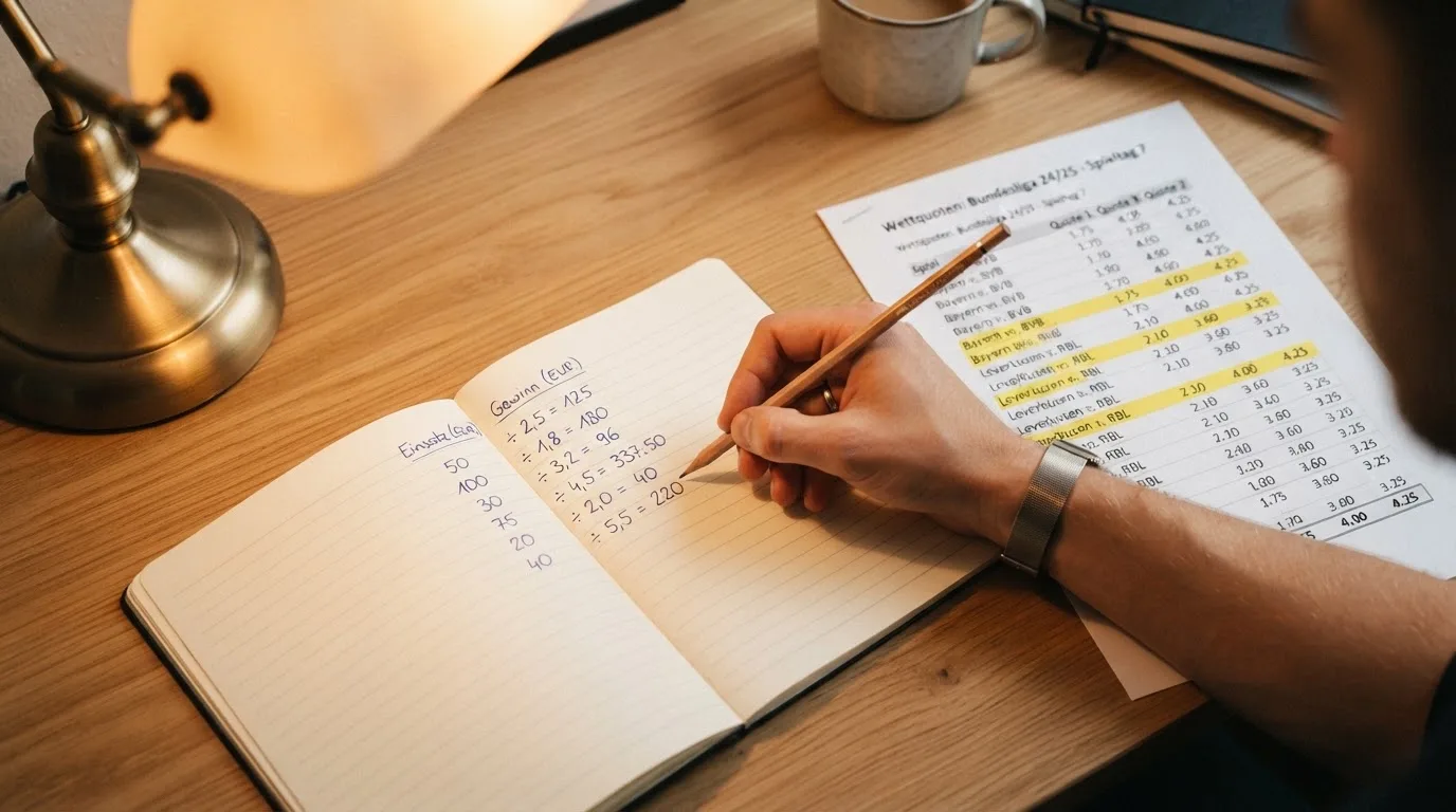 Ein Taschenrechner und ein Bleistift liegen auf einem Schreibtisch neben einem aufgeschlagenen Notizbuch mit handschriftlichen Zahlenreihen.