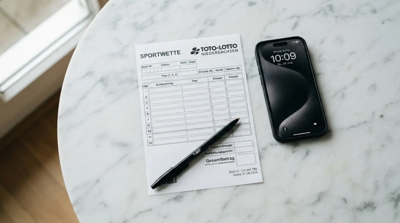 Ein leerer Papier-Wettschein liegt neben einem Smartphone mit dunklem Display auf einer hellen Tischplatte, daneben ein Kugelschreiber.