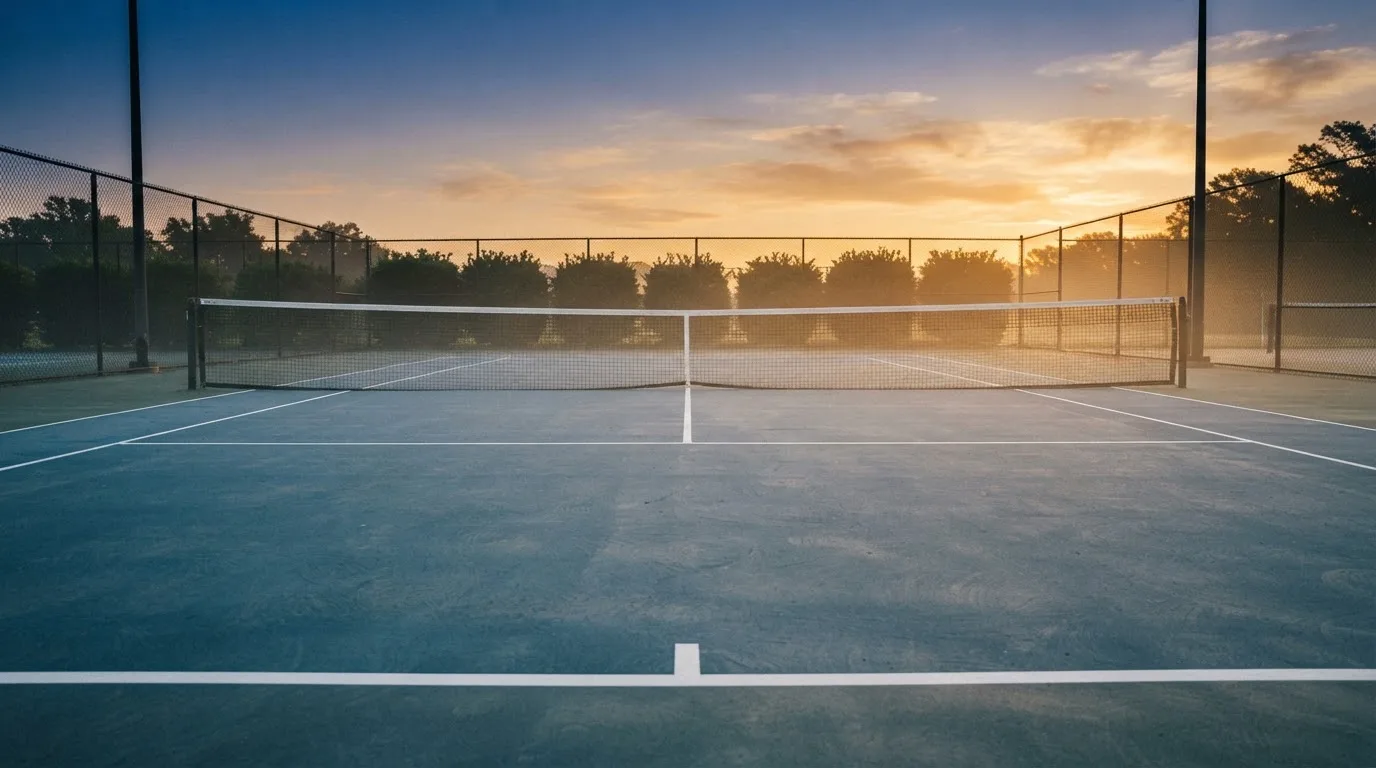 Ein Tennisplatz bei Sonnenaufgang, Netz und Grundlinien im weichen Licht, niemand ist zu sehen.