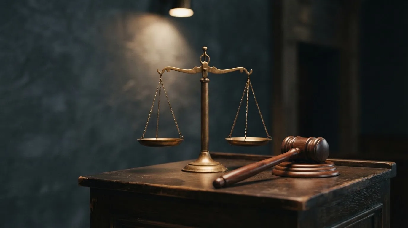Eine Balkenwaage aus Messing steht im Gleichgewicht auf einem dunklen Pult neben einem hölzernen Richterhammer, dahinter eine unscharfe Wand.