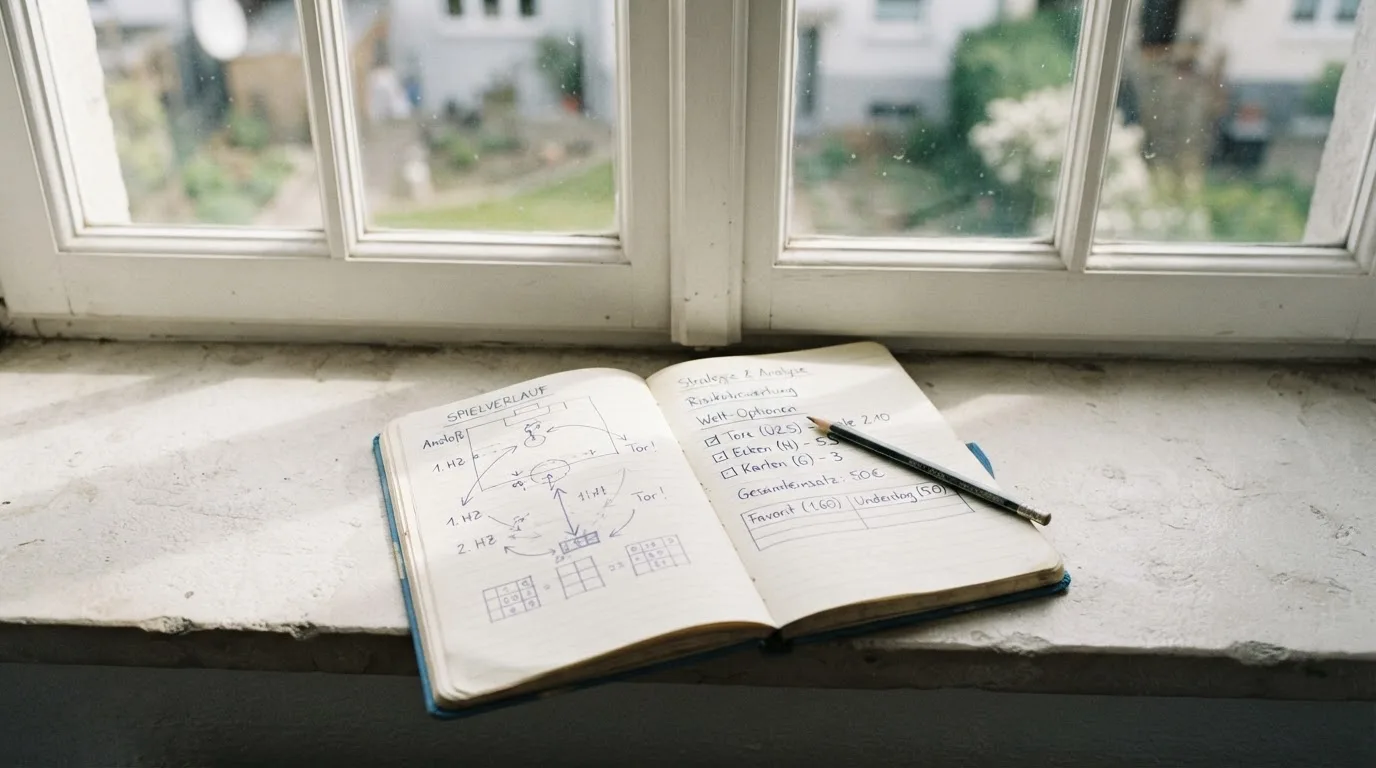 Ein aufgeschlagenes Notizbuch mit handschriftlichen Skizzen und ein Bleistift liegen auf einer Fensterbank im Tageslicht.