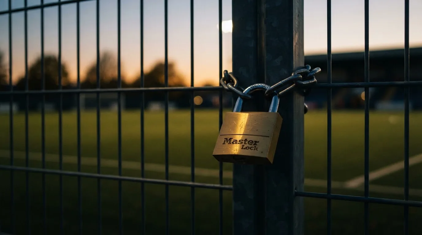Ein Vorhängeschloss hängt an einem Metalltor, dahinter ein unscharfer Fußballplatz in der Dämmerung.