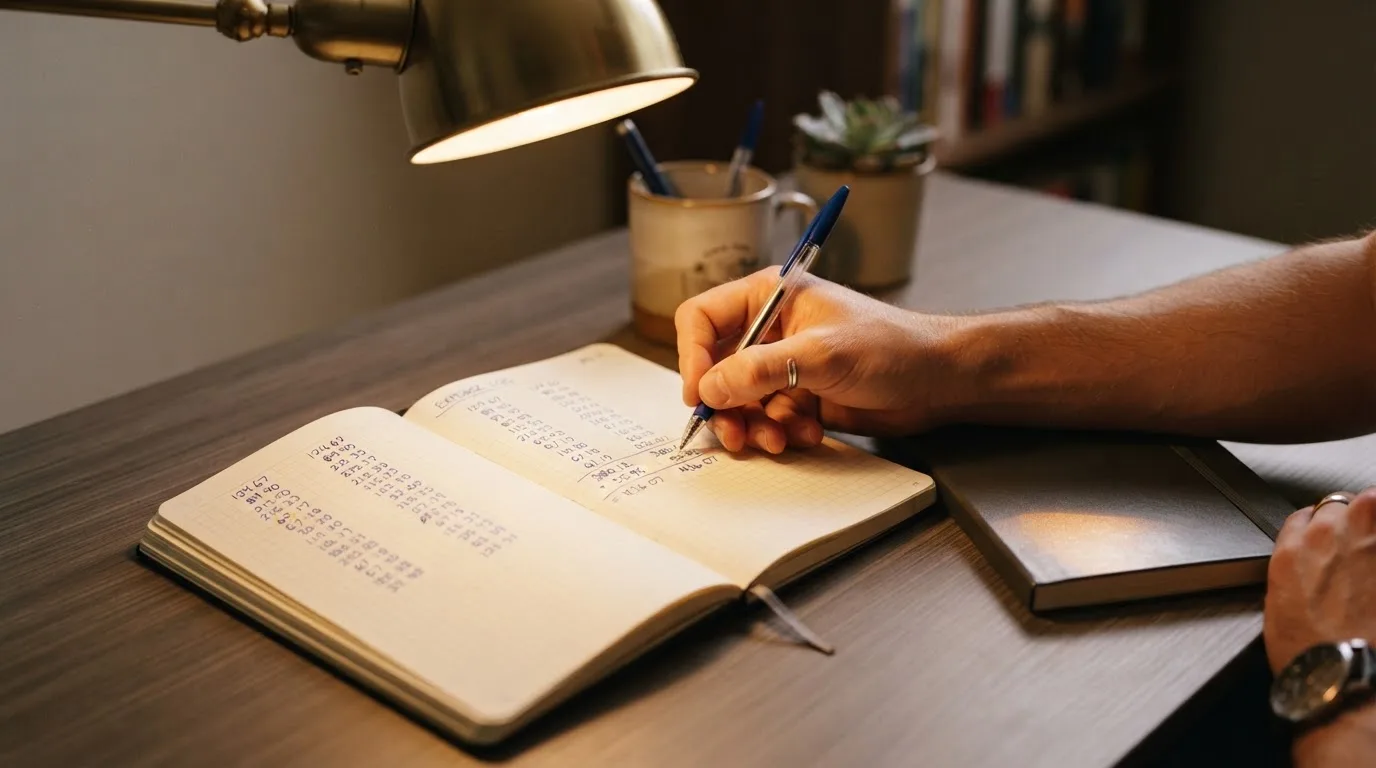 Ein Taschenrechner und ein Notizbuch mit handschriftlichen Zahlenreihen liegen auf einem Schreibtisch unter einer Lampe.