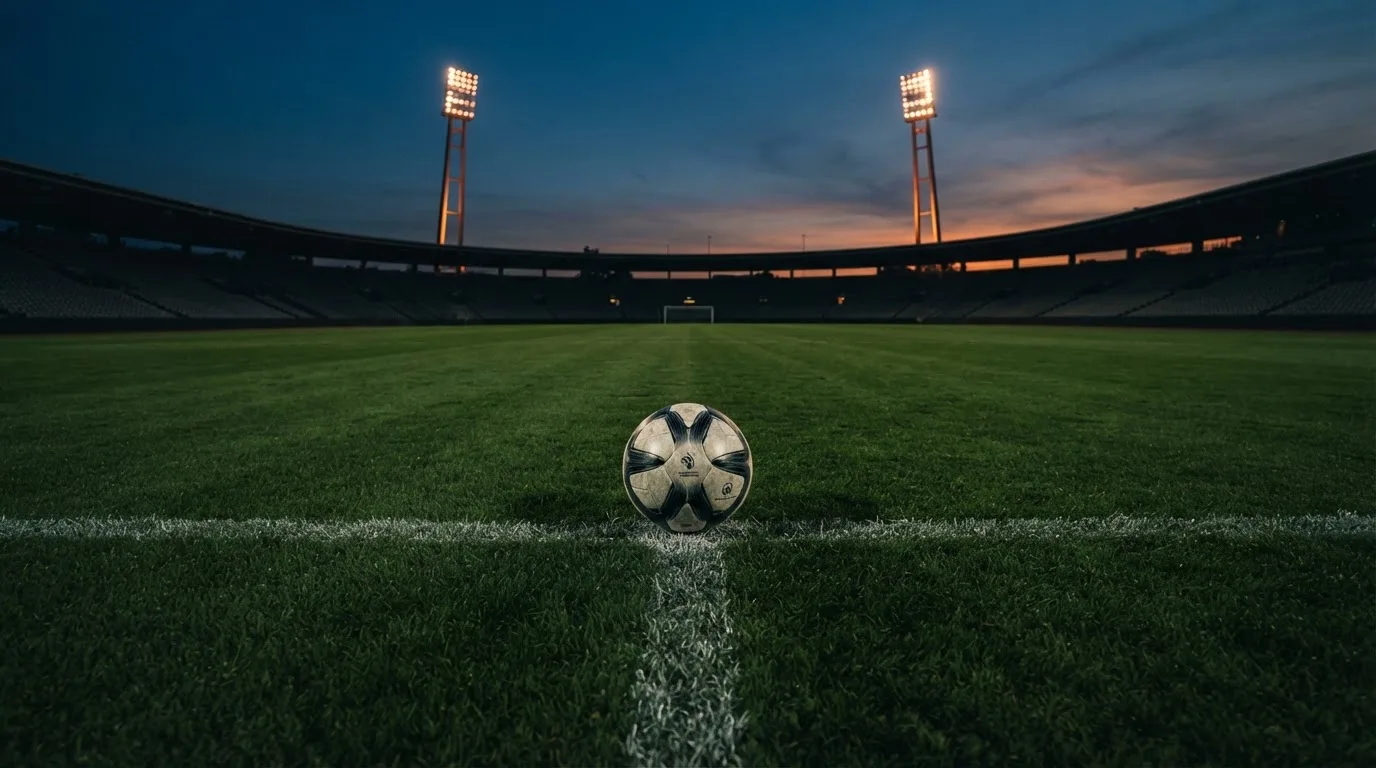 Ein Fußball liegt im Gras eines leeren Platzes, im Hintergrund stehen Flutlichtmasten in der Dämmerung.