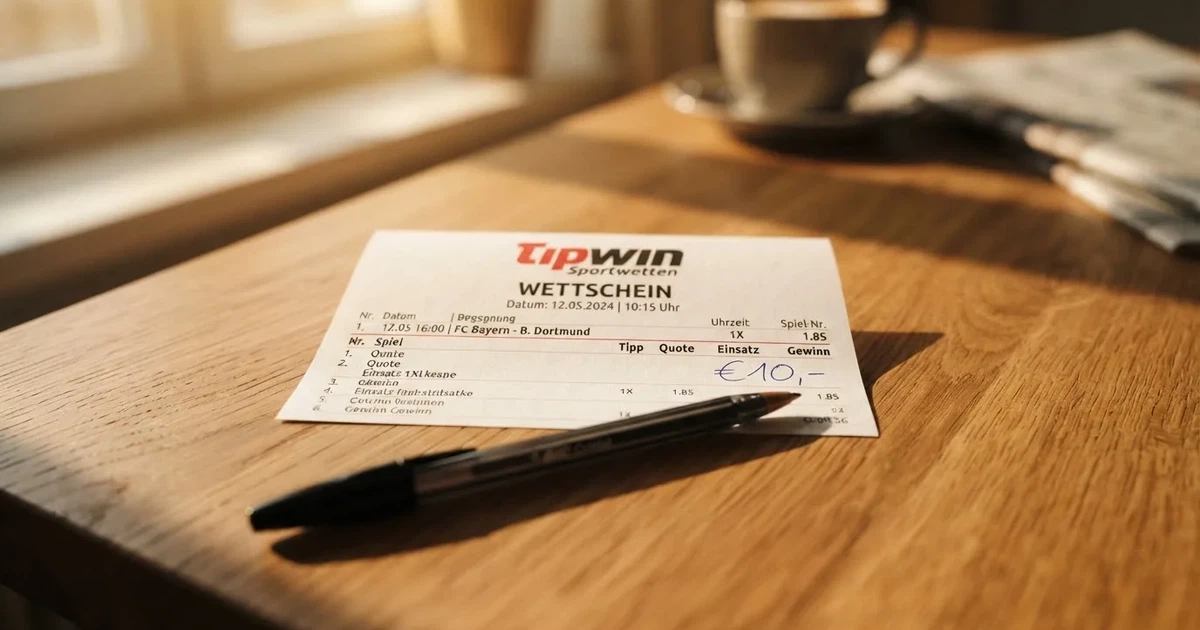 Ein leerer Papier-Wettschein und ein Kugelschreiber liegen auf einem Holztisch, daneben ein kleiner Stapel Münzen im Morgenlicht.