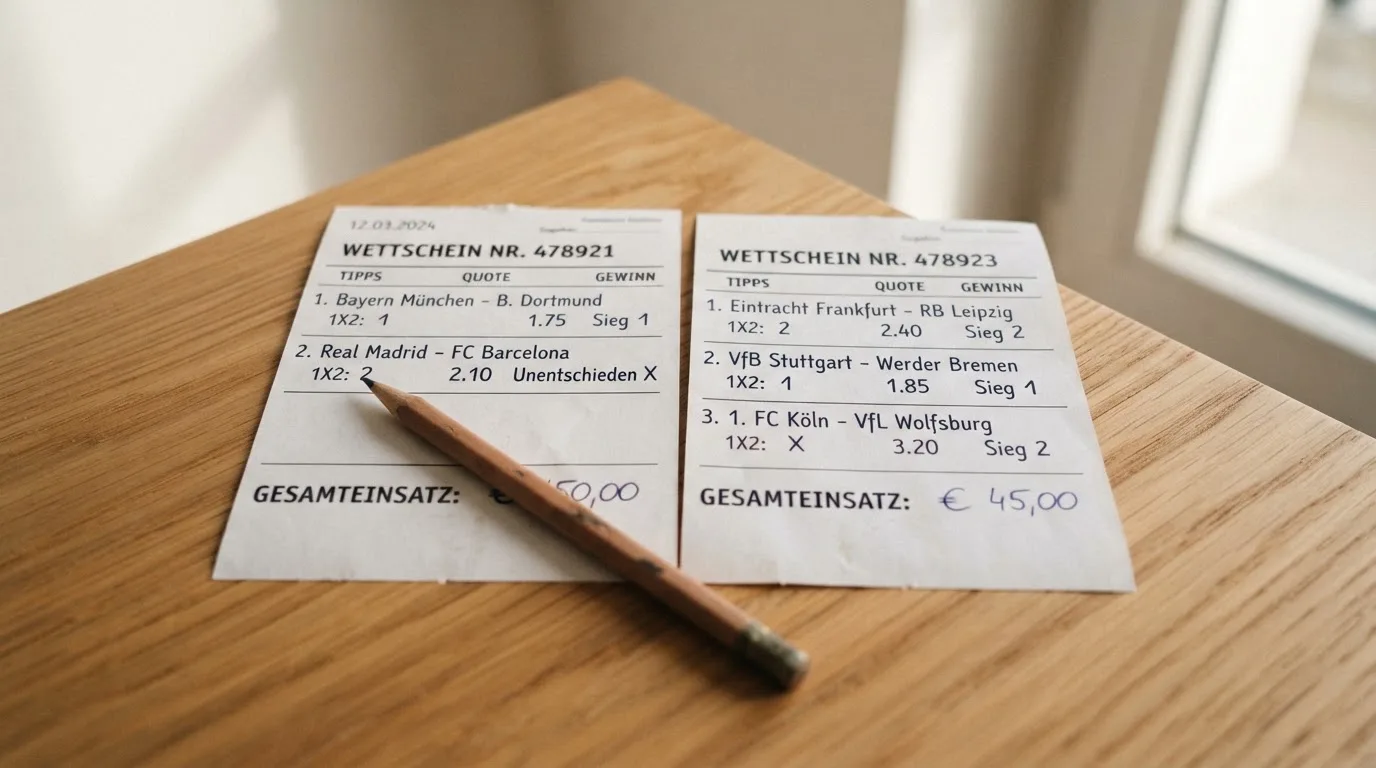 Zwei Münzenstapel unterschiedlicher Höhe stehen nebeneinander auf einem hellen Holztisch vor einer unscharfen Wand.