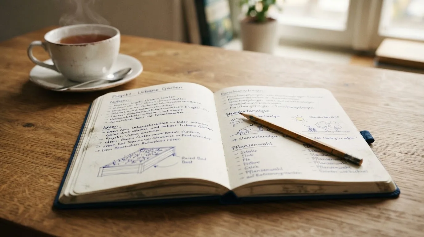 Ein aufgeschlagenes Notizbuch mit handschriftlichen Skizzen und ein Bleistift liegen auf einem Schreibtisch neben einer Tasse Tee.