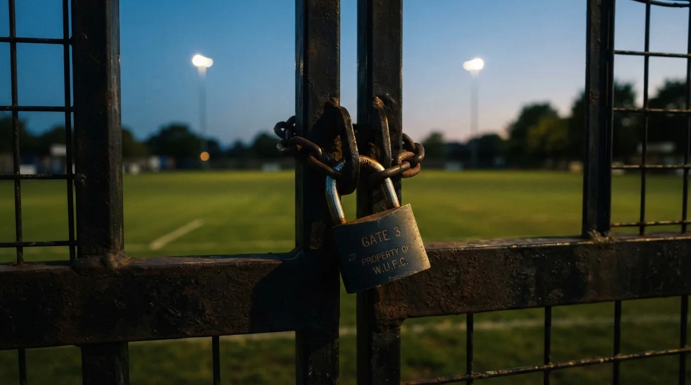 Ein Vorhängeschloss hängt an einem Metalltor in der Dämmerung, im Hintergrund unscharf ein Fußballplatz.