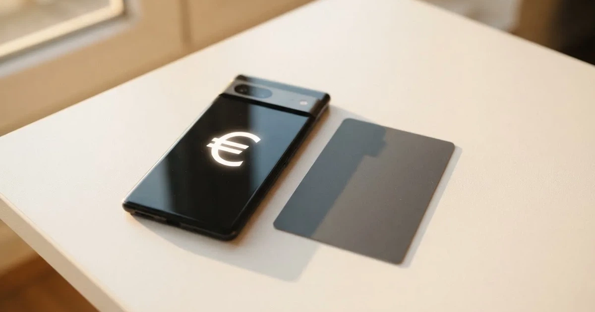 Eine Plastikkarte ohne Aufdruck liegt neben Münzen und einem Smartphone mit dunklem Display auf einem hellen Tisch.