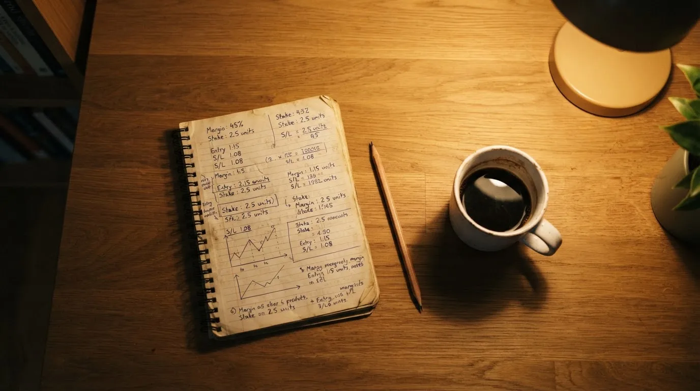 Ein Taschenrechner und ein Bleistift liegen auf einem Schreibtisch neben einer Tasse Kaffee im Licht einer Lampe.