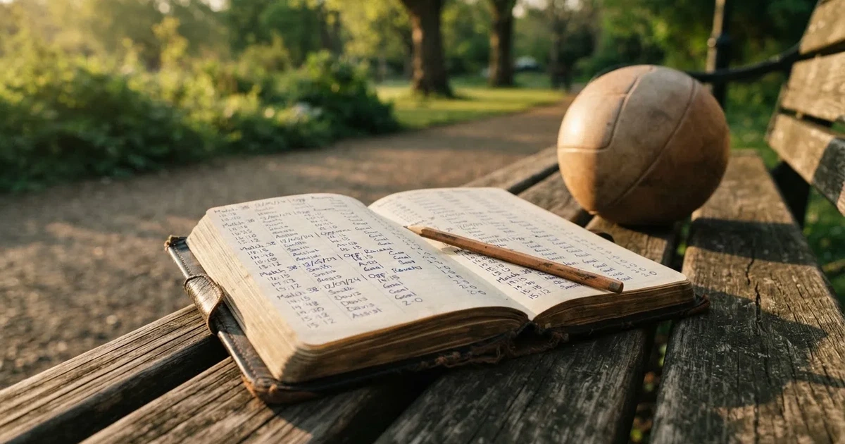 Ein Notizbuch mit handschriftlichen Zahlenkolonnen und ein Bleistift liegen neben einem Fußball auf einer Holzbank.