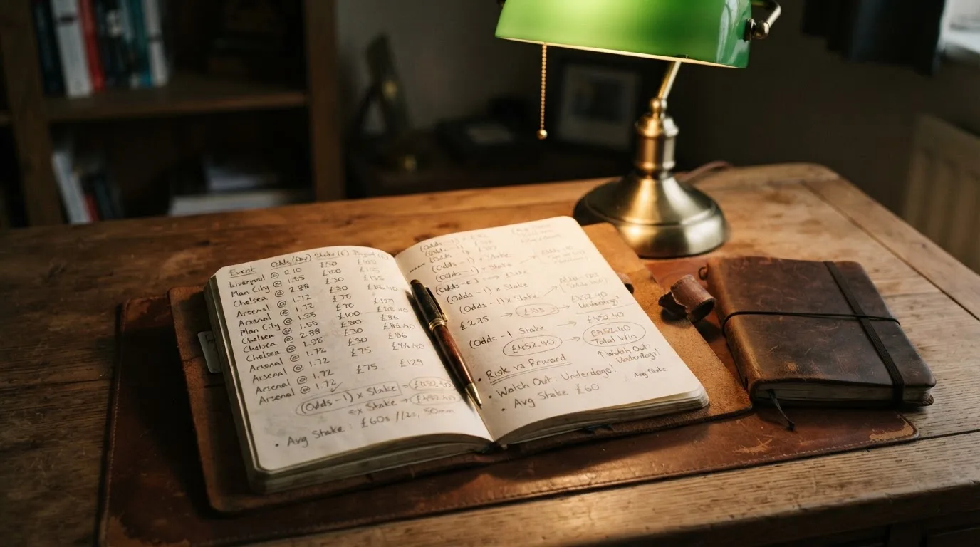 Ein Taschenrechner und ein aufgeschlagenes Notizbuch mit handschriftlichen Zahlenreihen liegen unter einer Schreibtischlampe.
