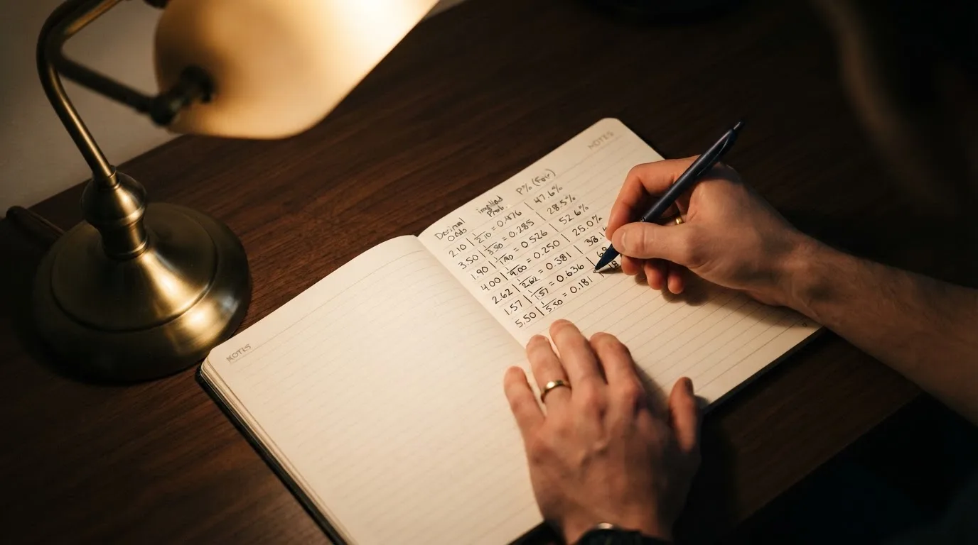Ein Taschenrechner und ein aufgeschlagenes Notizbuch mit handschriftlichen Zahlenreihen liegen unter einer Schreibtischlampe.
