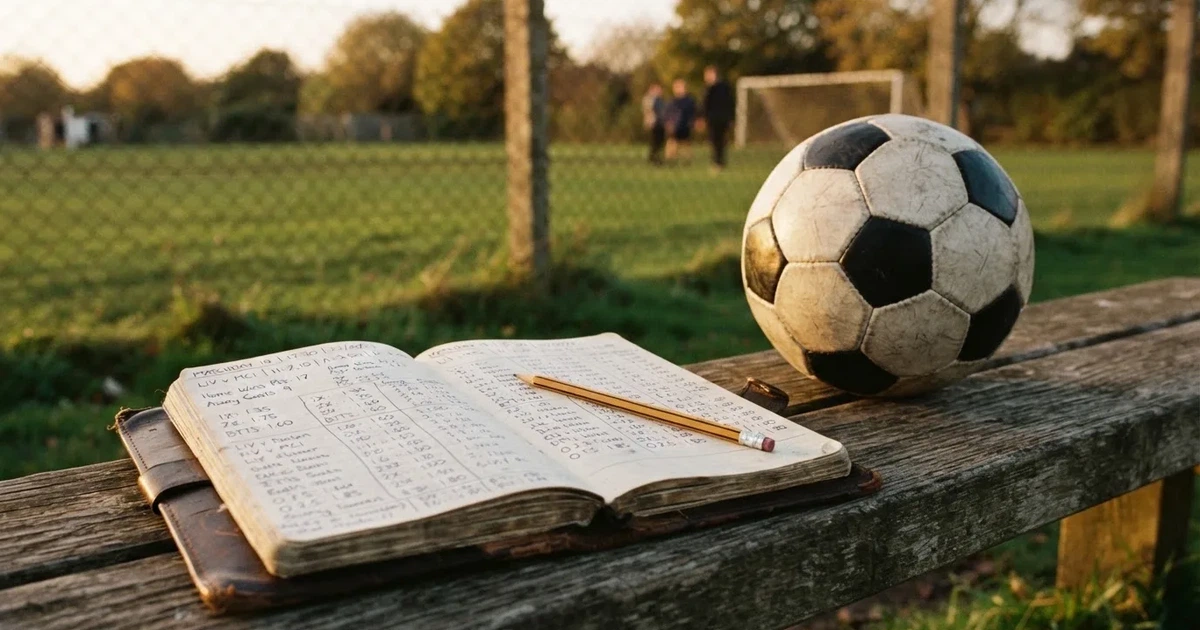 Ein Notizbuch mit handschriftlichen Zahlenkolonnen und ein Bleistift liegen neben einem Fußball auf einer Holzbank.