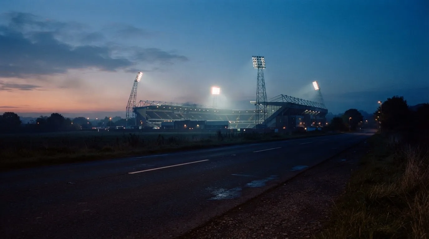 Ein Stadion unter Flutlicht aus der Ferne gesehen, davor eine leere Straße in der Abenddämmerung mit leichtem Dunst.