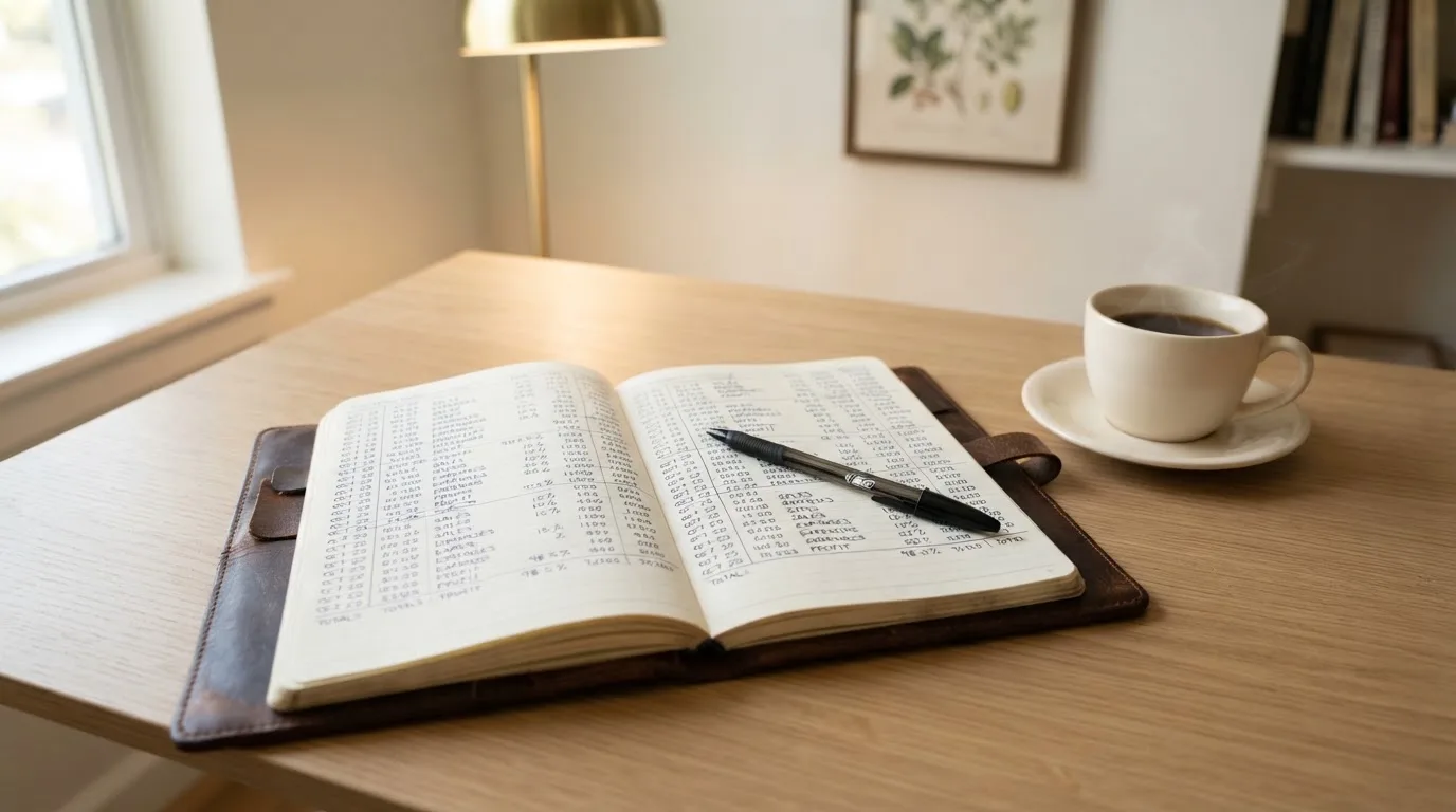 Ein Notizbuch mit handschriftlichen Rechnungen und ein Taschenrechner liegen auf einem hellen Schreibtisch neben einer Kaffeetasse.