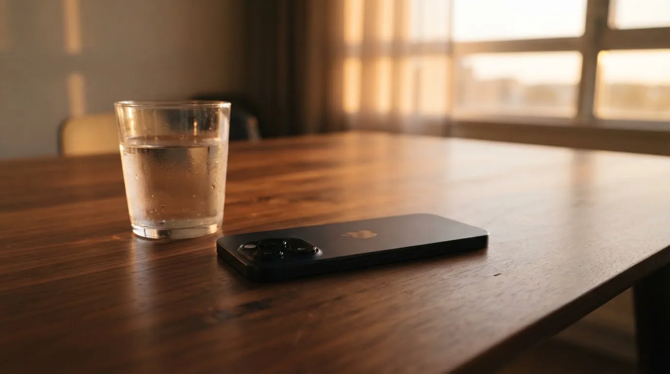 Ein Smartphone liegt mit dem Display nach unten auf einem Holztisch neben einem Glas Wasser, Abendlicht fällt durch ein Fenster.